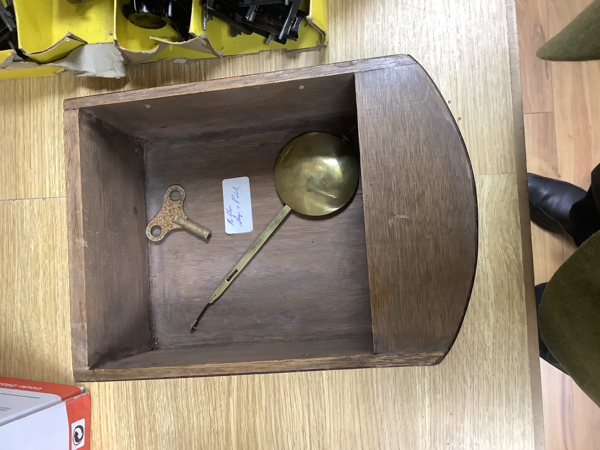A late Victorian dial clock with key and pendulum, 36cm diameter, Single fusee movement, box case later